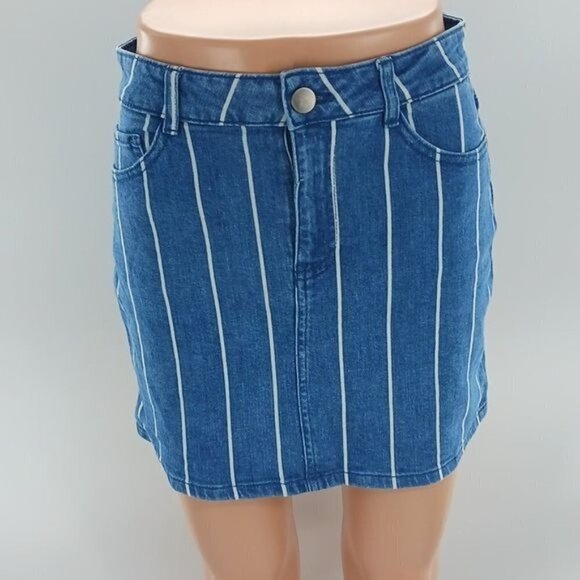 Altar'd State Skirt Blue Denim Striped Mini Straight Womens Size Small - Picture 2 of 5
